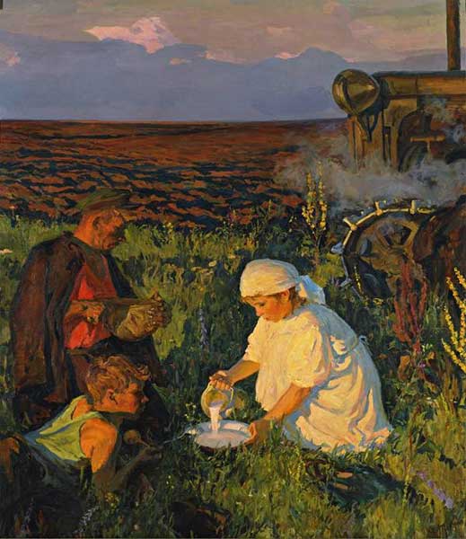 В 1958 году картина Пластова "Ужин трактористов" экспонировалась на выставке в Лондоне. Президент Королевской академии художеств Чарльз Уилер, пораженный полотном произнес: - Как много дает такое искусство! Реализм. Вы знаете, я как-то теперь особенно ясно понял, почему вы, русские, смогли выстоять в войне и победить. Кто может так упоенно работать, о, того нелегко одолеть!