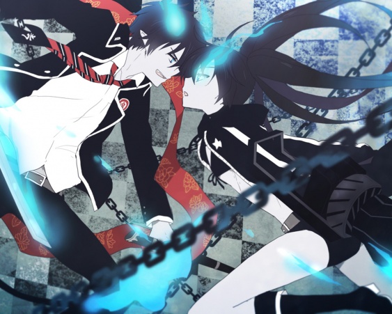 1311154796 konachan.com 104996 ao no exorcist black hair black rock shooter blue eyes chain crossover kuroi mato kurot okumura rin sw