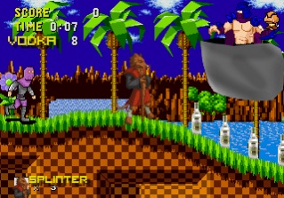 Первая часть игры "МС Зе Крыс". В 90 от этой игры просто не могли оторваться. Главная задача была, играть за мс, собирать бутылки с водкой, а когда мс их собирал и автомат выпивал кидать стеклянные бутылки из под этой водки в футов. В конце уровней встречался ШреДоХэд который пытался мочить МС грибками из марио, но МС с его бутылями побеждал. К сожалению вторая часть не увидела света, т.к. ребятишки игравшие на улицу в эту игру претварились МС и ШреДоХэдом, и мальчик впринцепи делал все правильно, кидал стеклянные бутылки в ШредоХэла.